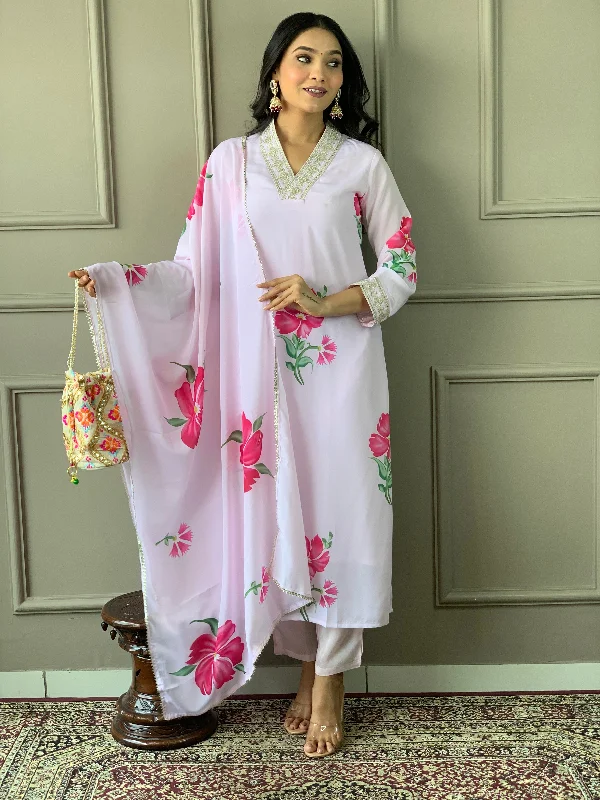 Women's V Neck Embroidered Work French Crepe Fabric Kurta & Pant With Dupatta Set - Taantav Comfortable Maternity Pants Women's V Neck Embroidered Work French Crepe Fabric Kurta & Pant With Dupatta Set - Taantav Comfortable Maternity Pants