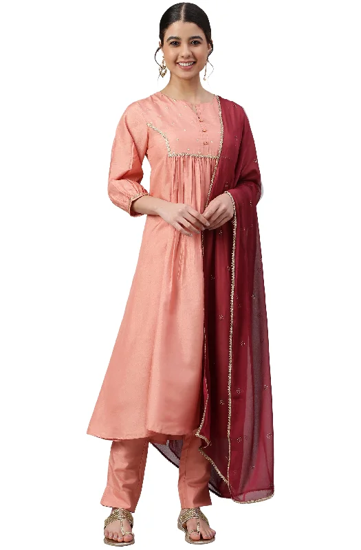 Women's Peach Poly Silk Solid Kurta With Pant And Dupatta - Manohara Lightweight Jogger Pants Women's Peach Poly Silk Solid Kurta With Pant And Dupatta - Manohara Lightweight Jogger Pants