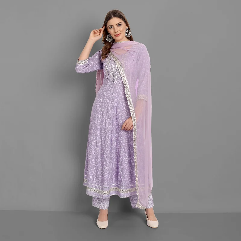 Women's Purple Rayon Printed Embroidered Kurta With Pant And Dupatta - Singni Classic Flared Pants Women's Purple Rayon Printed Embroidered Kurta With Pant And Dupatta - Singni Classic Flared Pants