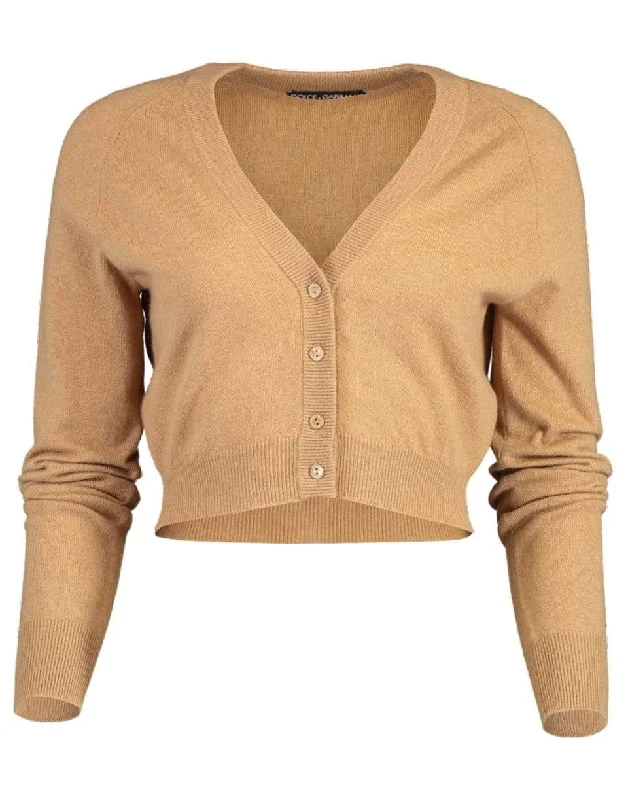 Camel Long Sleeve Cropped Cardigan Ribbed Striped Patterned