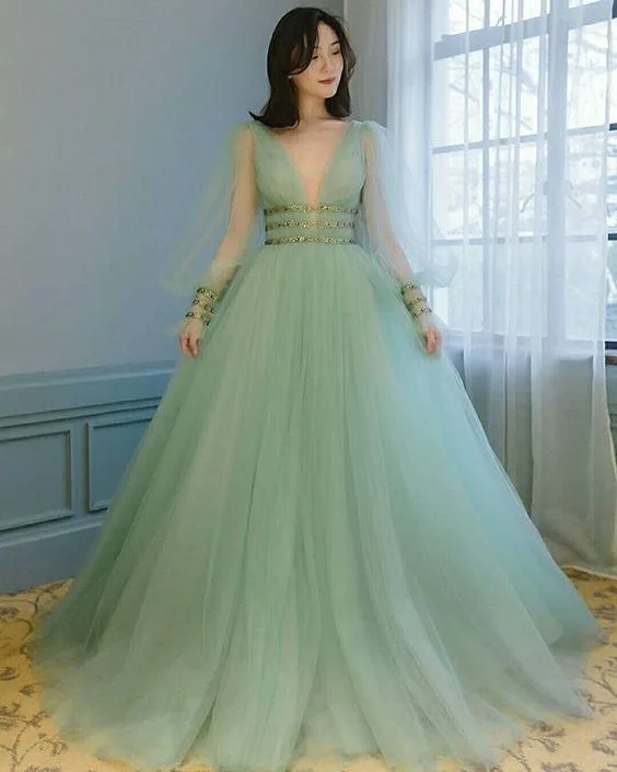 Green tulle prom dress deep v neck party dress puffy sleeves A-line gown cg6434 Tunics Yoga stretchy Green tulle prom dress deep v neck party dress puffy sleeves A-line gown cg6434 Tunics Yoga stretchy