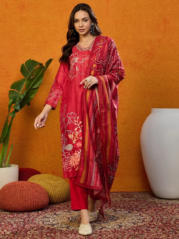 Women's Red Silk Blend Printed Straight Kurta Pant Set With Dupatta - Ahika Comfy Athletic Pants Women's Red Silk Blend Printed Straight Kurta Pant Set With Dupatta - Ahika Comfy Athletic Pants