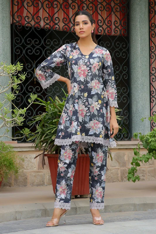 Women's Black Printed Cord Set With Printed Pants - Vaasva Jaipur Classic Cropped Pants