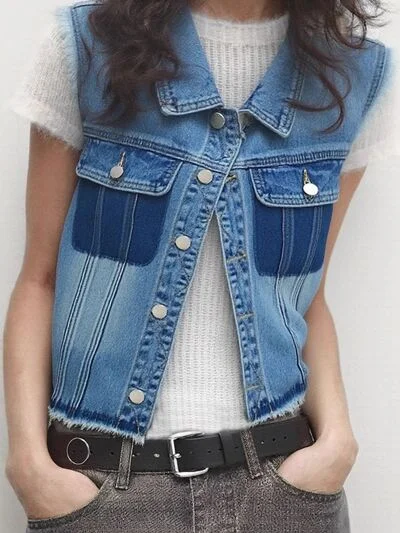Raw Hem Pocketed Contrast Sleeveless Denim Jacket Snapped Jacket Toggled Jacket Drawstring Jacket Raw Hem Pocketed Contrast Sleeveless Denim Jacket Snapped Jacket Toggled Jacket Drawstring Jacket