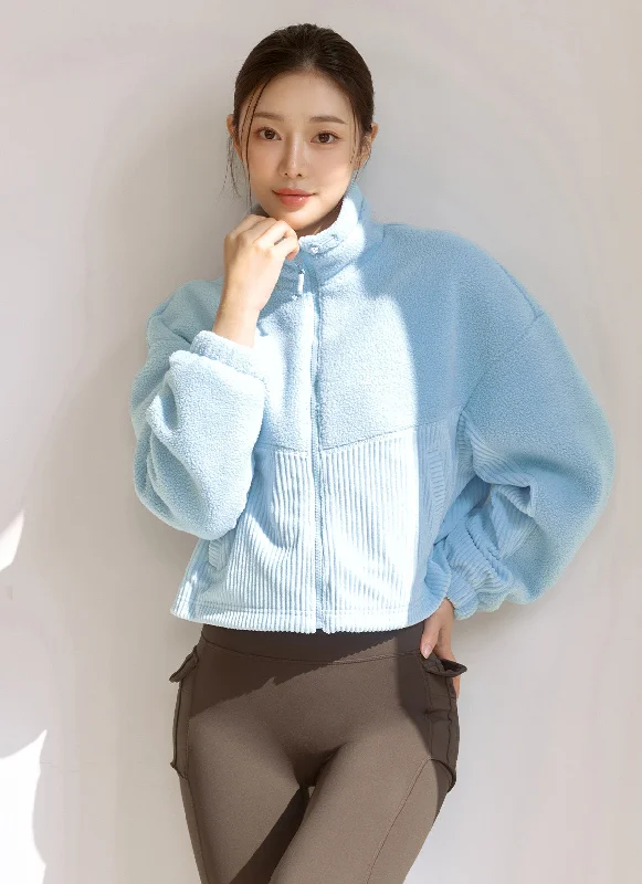 Corduroy & Fleece Zip Up Jacket Notch Collar Peter Pan Collar Cowl Neck