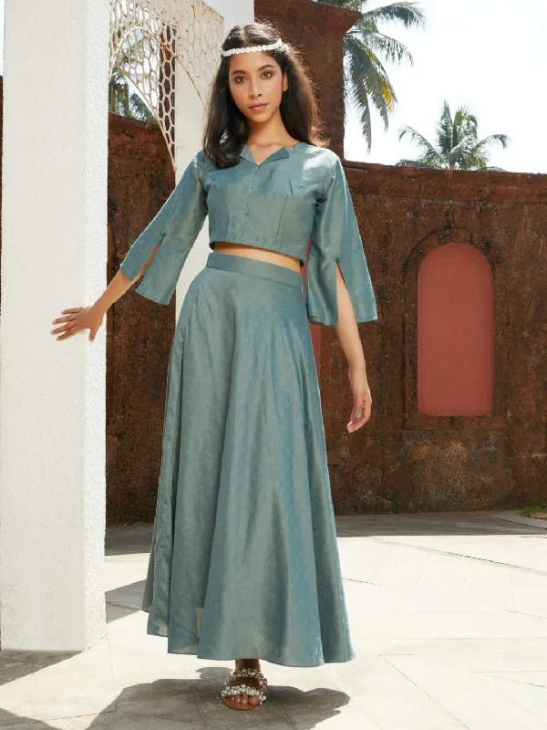 Teal Bead Work At Yoke Indian Silk (Dobby) Flaired Skirt Top cotton skirt soft
