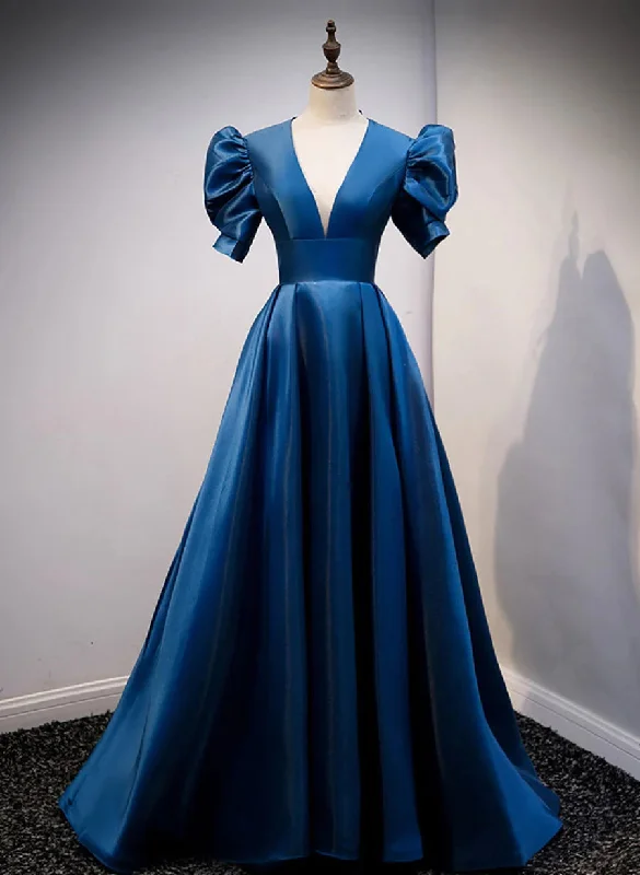 Blue Satin V-neckline Short Sleeves Party Dress Blue A-line Evening Dress prom dresses shops sweetheart Neckline Romantic Blue Satin V-neckline Short Sleeves Party Dress Blue A-line Evening Dress prom dresses shops sweetheart Neckline Romantic