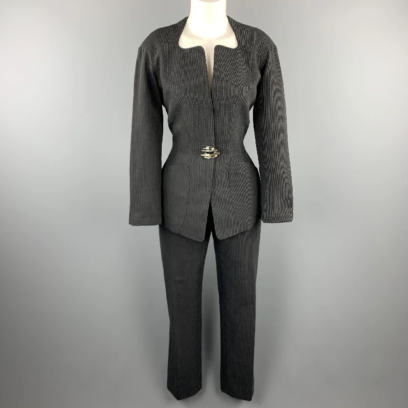 THIERRY MUGLER 8 Grey Striped Wool Silver Brooch Button Pants Suit Soft Stretch Trousers THIERRY MUGLER 8 Grey Striped Wool Silver Brooch Button Pants Suit Soft Stretch Trousers