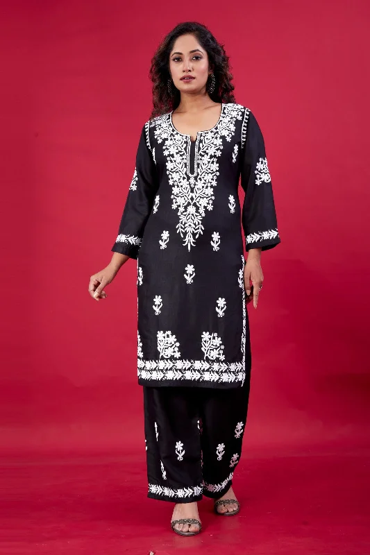Women's Black Rayon Lucknowi Embroidery Kurta With Pant - Dwija Fashion Chic Capri Pants Women's Black Rayon Lucknowi Embroidery Kurta With Pant - Dwija Fashion Chic Capri Pants
