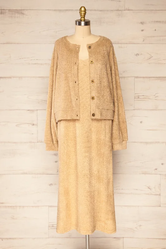 Set Diez Beige | Knitted Midi Dress & Cardigan Rayon Fabric Velvet Fabric Corduroy Fabric Set Diez Beige | Knitted Midi Dress & Cardigan Rayon Fabric Velvet Fabric Corduroy Fabric