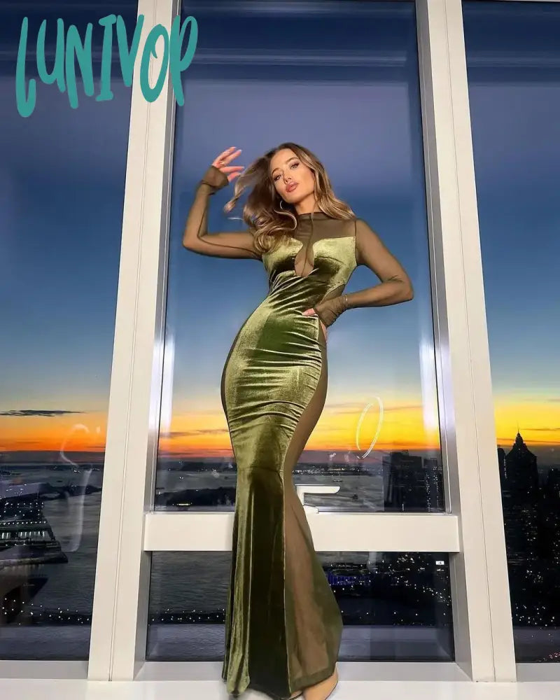 Lunivop Mesh Long Sleeve Maxi Dress Green Sexy Evening Night Date Party Dresses Mermaid SeeThrough Velvet Dress Women Tunics Recommended stylist