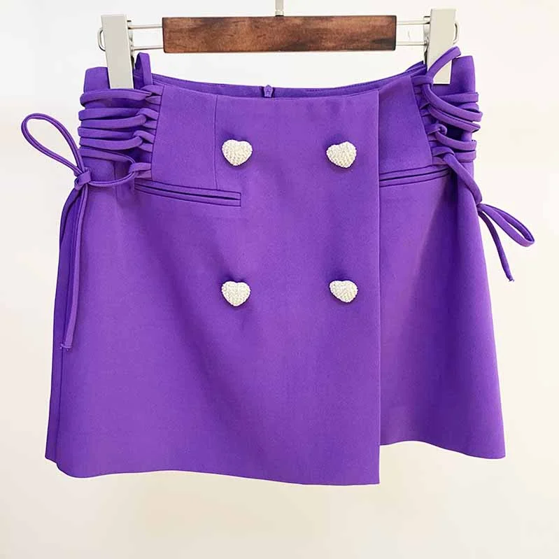 Hight Waisted Purple Lace-up Skirt Gold-tone Mini Skirt wool skirt warm