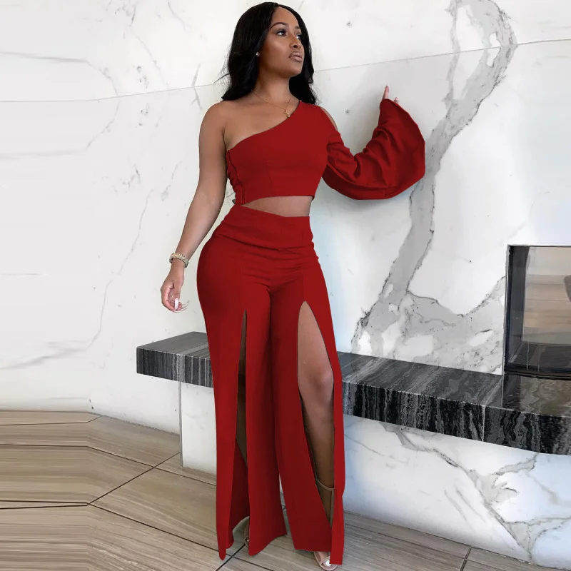Women Fashion Sexy Solid Color One-Sleeve Top Slit Pants Set Soft Stretch Pants