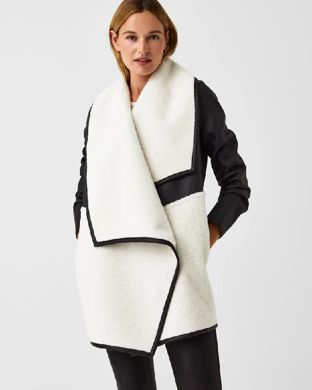 Fleece & Faux Leather Long Wrap Jacket Very Black/Snow - SPANX Fleece Fabric Down Fabric Feather Fabric Fleece & Faux Leather Long Wrap Jacket Very Black/Snow - SPANX Fleece Fabric Down Fabric Feather Fabric