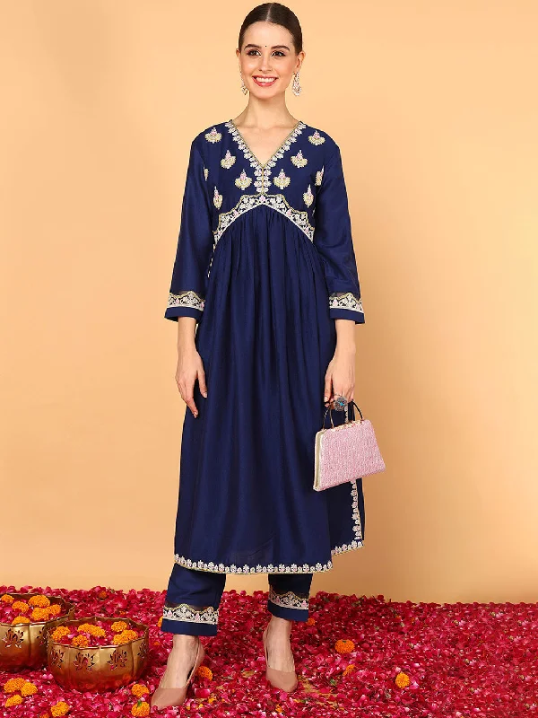 Women's Navy Blue Silk Blend Embroidered A-Line Kurta Pant Set - Ahika Lightweight Linen Pants Women's Navy Blue Silk Blend Embroidered A-Line Kurta Pant Set - Ahika Lightweight Linen Pants