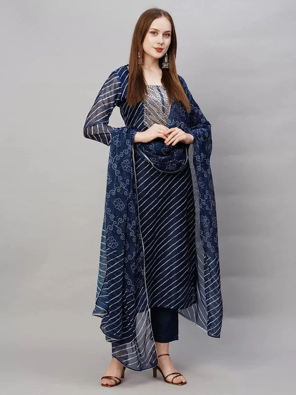 Women's Navy Viscose Cotton Leheriya Printed & Embroidery Kurta Pant Set With Dupatta - Malishka Export Trendy Palazzo Pants Women's Navy Viscose Cotton Leheriya Printed & Embroidery Kurta Pant Set With Dupatta - Malishka Export Trendy Palazzo Pants