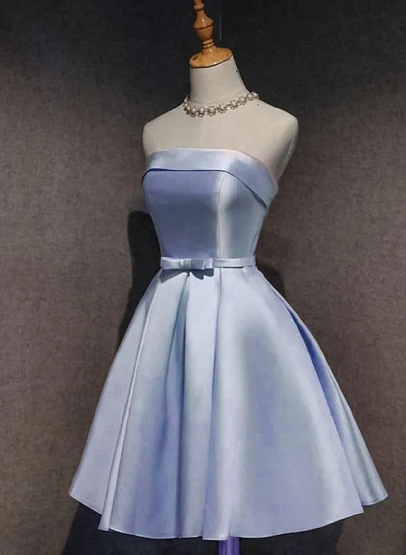 Lovely Light Blue Satin Knee Length Homecoming Dress, Blue Short Party Dress Turtleneck Neckline Stylish Lovely Light Blue Satin Knee Length Homecoming Dress, Blue Short Party Dress Turtleneck Neckline Stylish