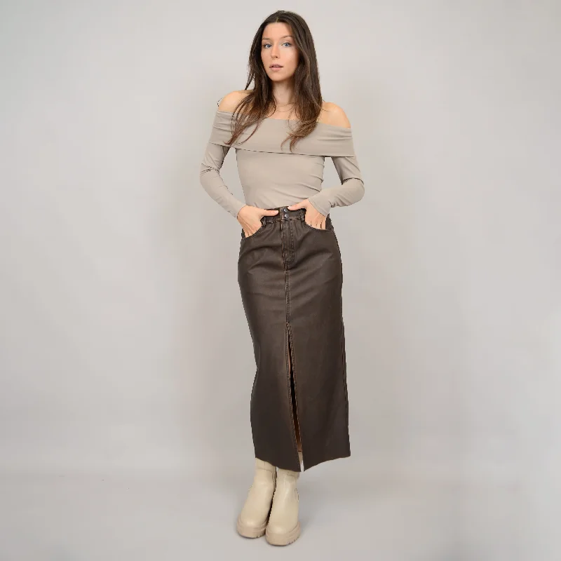 RD Style Distressed Faux Leather Skirt - Brown denim skirt fashionable