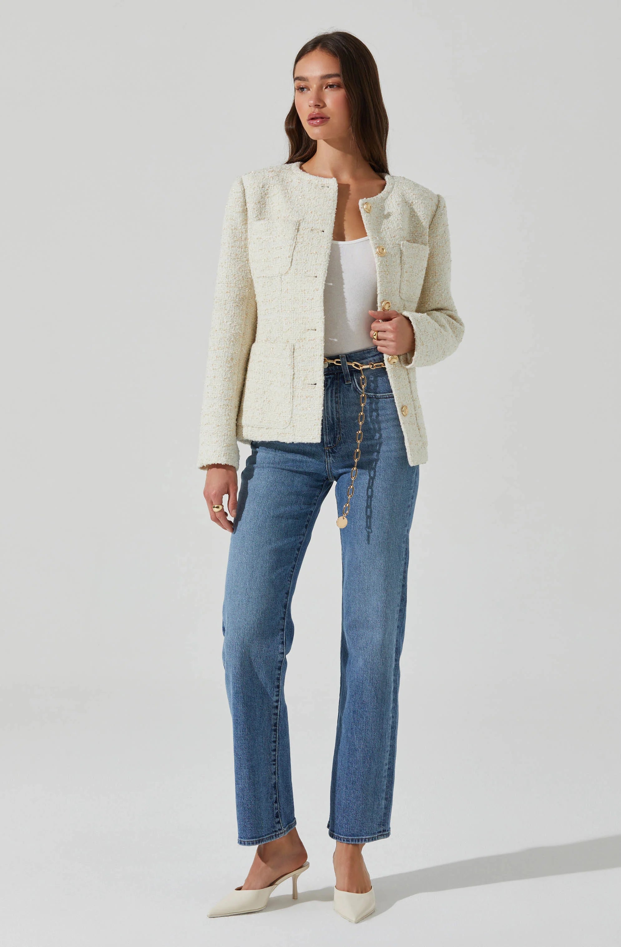 Sarae Collarless Tweed Jacket Rayon Fabric Velvet Fabric Corduroy Fabric