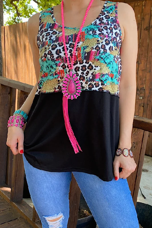 XCH12423 Leopard & multi color serape black color block tank top scoop neck tank