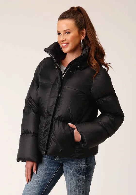 Roper Womens Hooded Puffer Black 100% Nylon Softshell Jacket Ribbed Jacket Pleated Jacket Ruffled Jacket