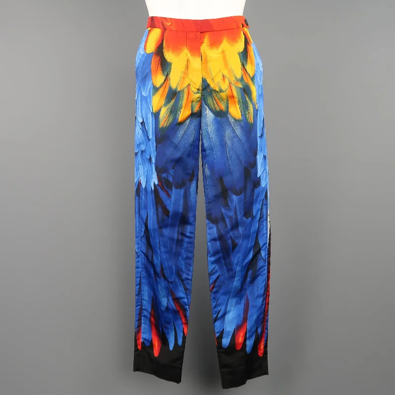 PRADA Size 4 Blue Red & Yellow Parrot Feather Print Silk Faille Dress Pants Stylish Casual Pants PRADA Size 4 Blue Red & Yellow Parrot Feather Print Silk Faille Dress Pants Stylish Casual Pants