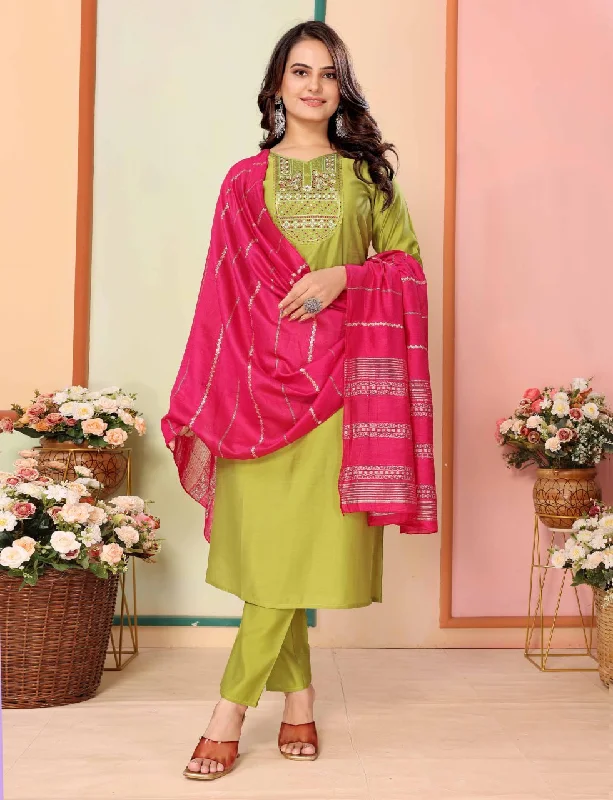 Women's Green Embroidered Silk Kurta With Pant And Dupata Set - Aazuri Elegant Silk Pants Women's Green Embroidered Silk Kurta With Pant And Dupata Set - Aazuri Elegant Silk Pants
