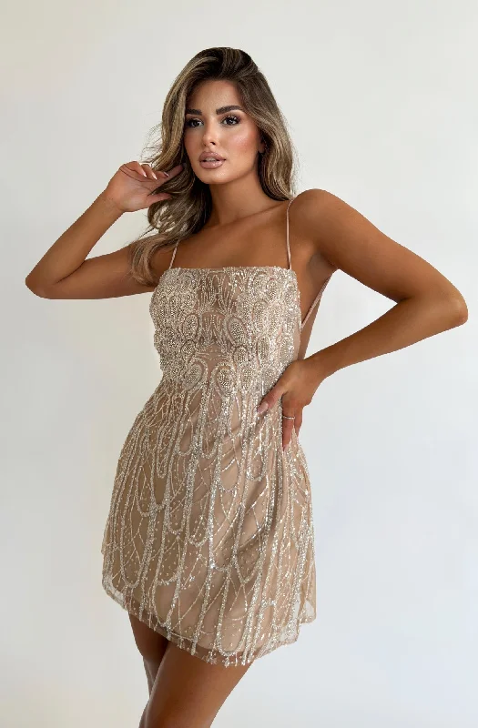 MINNA Fashion BOA Nude Sequin Backless Mini Party Dress Tunics Spring floral