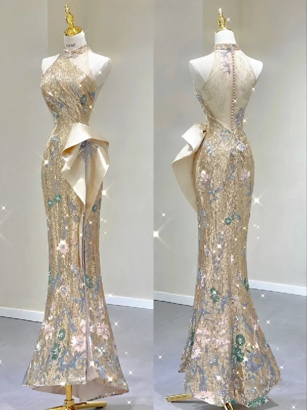 Champagne Halter Mermaid Sequins Long Party Dress Evening Gown, DP4506 Tunics Sophisticated sleek Champagne Halter Mermaid Sequins Long Party Dress Evening Gown, DP4506 Tunics Sophisticated sleek