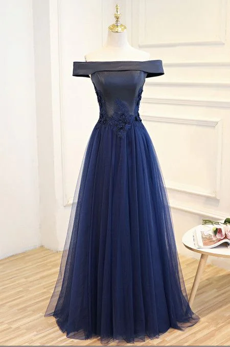 Navy Blue Off Shoulder Satin and Tulle Long Prom Dress, Blue Party Dress, Formal Dress with Floral Lace cg4814 Tunics Occasion special Navy Blue Off Shoulder Satin and Tulle Long Prom Dress, Blue Party Dress, Formal Dress with Floral Lace cg4814 Tunics Occasion special