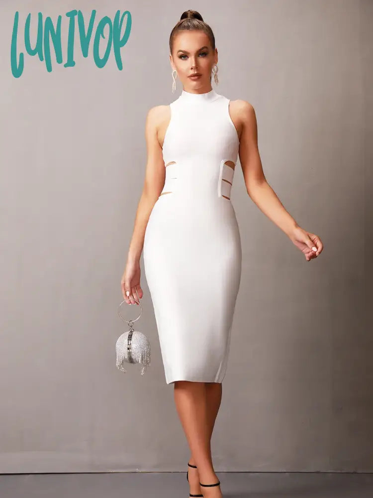 Lunivop Solid Nude Women Summer Sexy Turtleneck White Cut Out Midi Bodycon Bandage Dress Elegant Evening Party Dress Tunics Fashionable trendy Lunivop Solid Nude Women Summer Sexy Turtleneck White Cut Out Midi Bodycon Bandage Dress Elegant Evening Party Dress Tunics Fashionable trendy