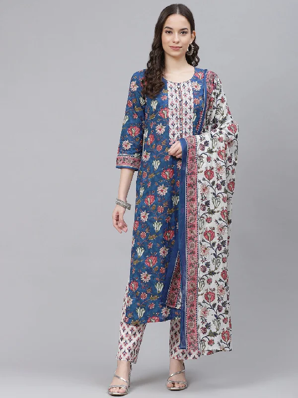 Women's Cotton Blend Printed Kurta Pant Dupatta Set - Ahika Trendy Wide-Leg Pants