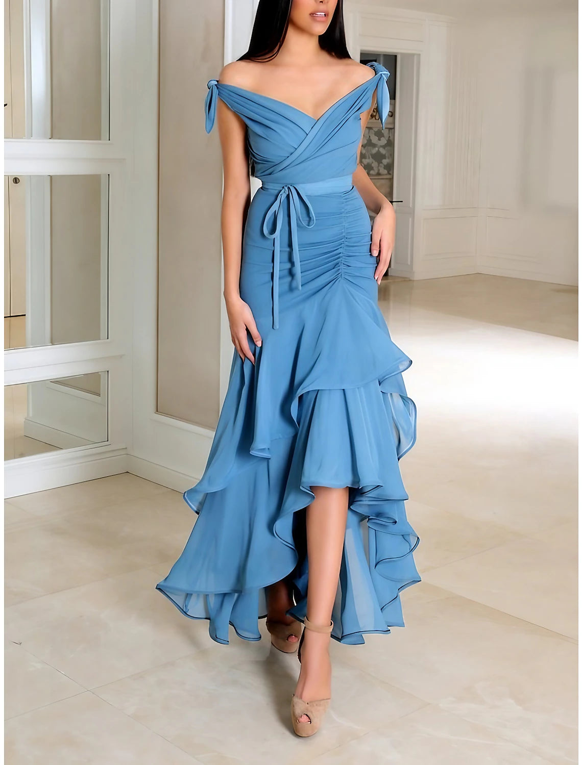 Sheath / Column Cocktail Dresses Party Dress Wedding Guest Asymmetrical Sleeveless Off Shoulder Stretch Fabric with Bow(s) Ruched Ruffles Tunics Leisure comfortable Sheath / Column Cocktail Dresses Party Dress Wedding Guest Asymmetrical Sleeveless Off Shoulder Stretch Fabric with Bow(s) Ruched Ruffles Tunics Leisure comfortable