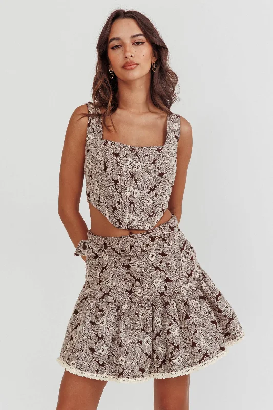 Southern Belles Belted Waist Mini Skirt Floral Brown linen skirt breathable