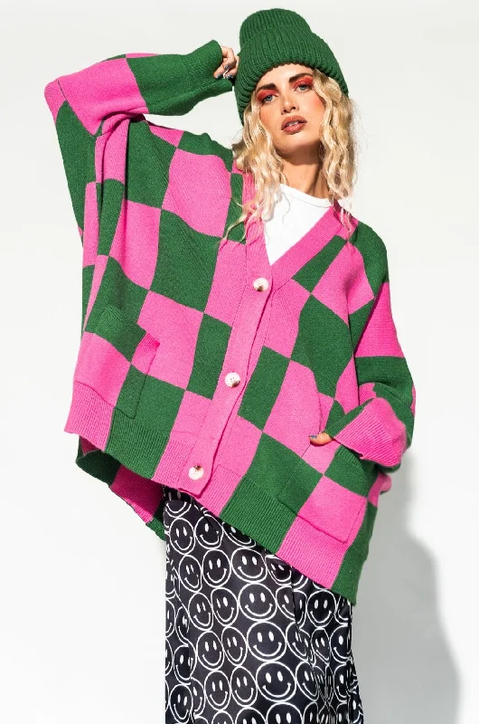 Love You Oversized Checkerboard Cardigan in Watermelon *RESTOCKED* Solid Print Embellished