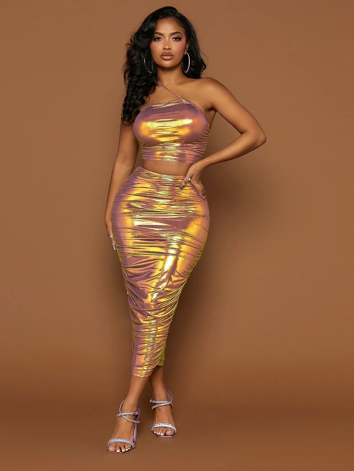 Sexy Iridescent Gold Top & Skirt Set leather skirt bold