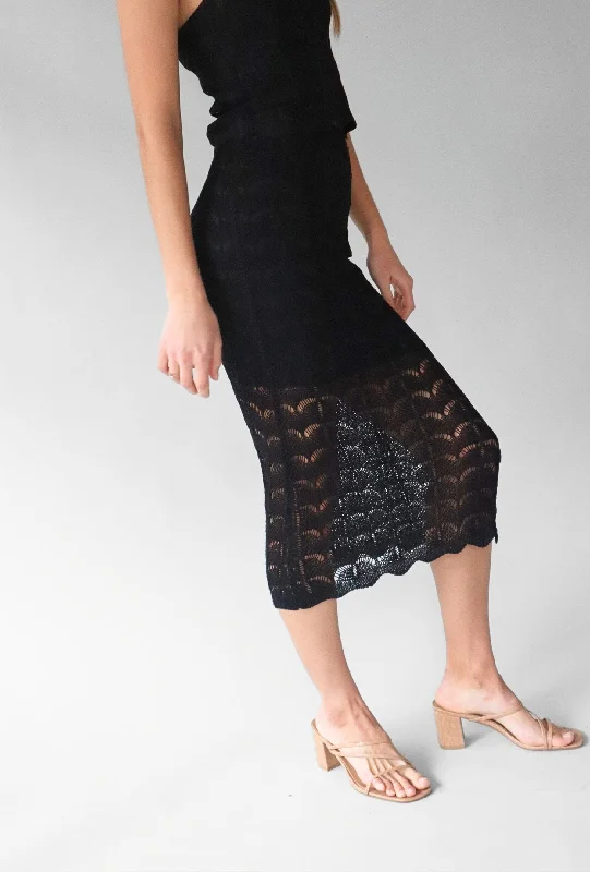 BLACK OPEN KNIT MIDI SKIRT chiffon skirt lightweight