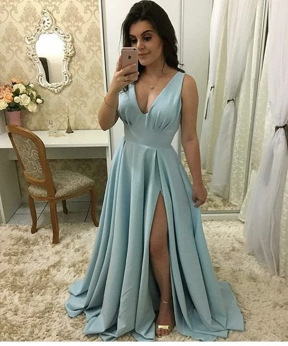 V neck A Line Prom Dress, Sexy Sleeveless Party Dress, Split Slit Evening Dress cg3174 Turtleneck Neckline Stylish V neck A Line Prom Dress, Sexy Sleeveless Party Dress, Split Slit Evening Dress cg3174 Turtleneck Neckline Stylish
