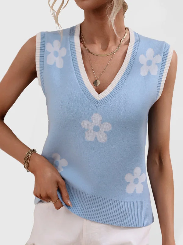 Blue Zone Planet | Contrasting Color Jacquard V-Neck Sleeveless Knit Tank Top essential tank top Blue Zone Planet | Contrasting Color Jacquard V-Neck Sleeveless Knit Tank Top essential tank top