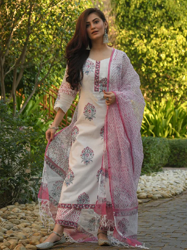 Women's White Printed Pure Cotton Kurta And Pant Set - Alvami Soft Sweatpants Style