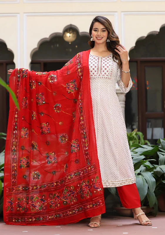 Women's Anarkali Rayon Printed Embroidered Kurta With Pants And Dupatta - Singni Cozy Fitted Pants Women's Anarkali Rayon Printed Embroidered Kurta With Pants And Dupatta - Singni Cozy Fitted Pants