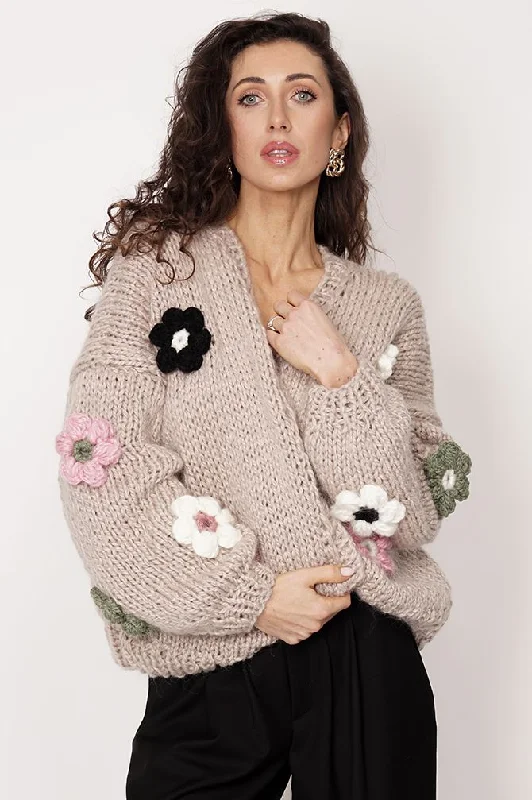 Flower Handmade Cardigan Beige Jersey Fabric Tulle Fabric Batik Fabric