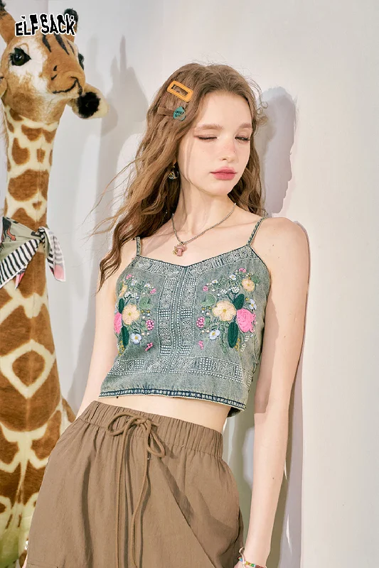 ELFSACK 2024 Summer New Ethnic Style Embroidered Tank Top with Hanging Straps for Women's Spicy Girl Slim Fit Tops gold tank top