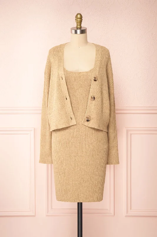 Set Cilia Beige | Knitted Cardigan & Fitted Dress Fleece Fabric Down Fabric Feather Fabric