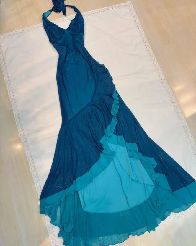 Blue V Neck Halter Mermaid Chiffon Long Prom Dress Vintage Party Dress, DP4790 Crew Neckline Casual Blue V Neck Halter Mermaid Chiffon Long Prom Dress Vintage Party Dress, DP4790 Crew Neckline Casual