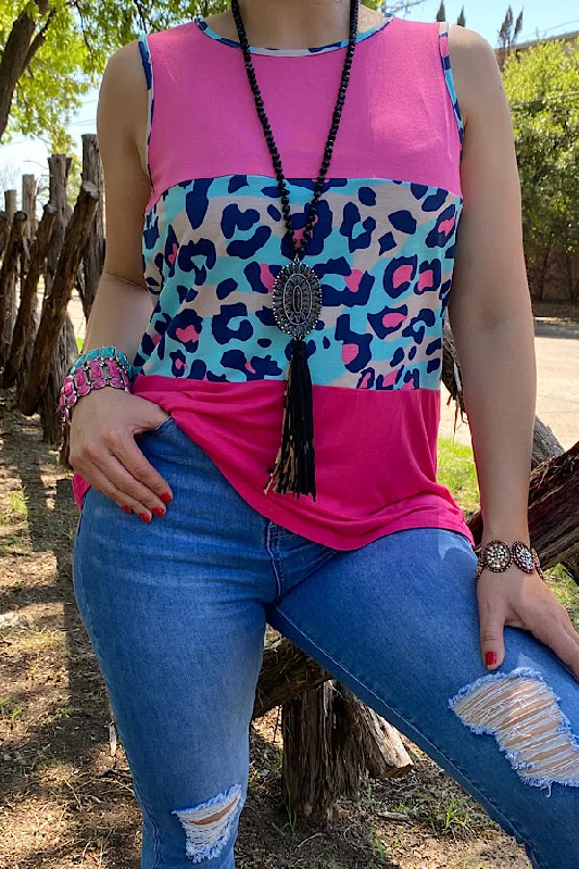 BQ9342 Pink/multi color leopard printed tank top. spandex blend tank