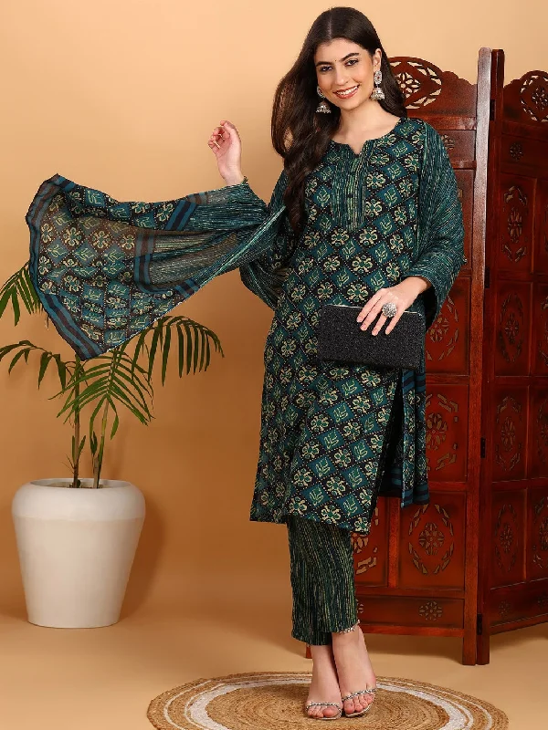 Women's Green Viscose Rayon Printed Straight Kurta Pant Set With Dupatta - Ahika Classic Pleated Pants Women's Green Viscose Rayon Printed Straight Kurta Pant Set With Dupatta - Ahika Classic Pleated Pants