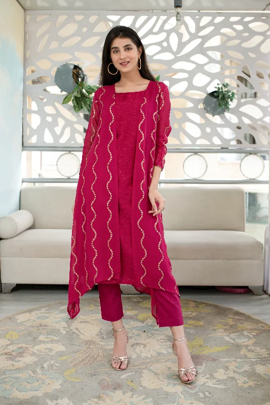 Women's Pink Kurta Pant With Overcoat (3pcs set) - Label Shaurya Sanadhya Cozy Knit Pants Women's Pink Kurta Pant With Overcoat (3pcs set) - Label Shaurya Sanadhya Cozy Knit Pants