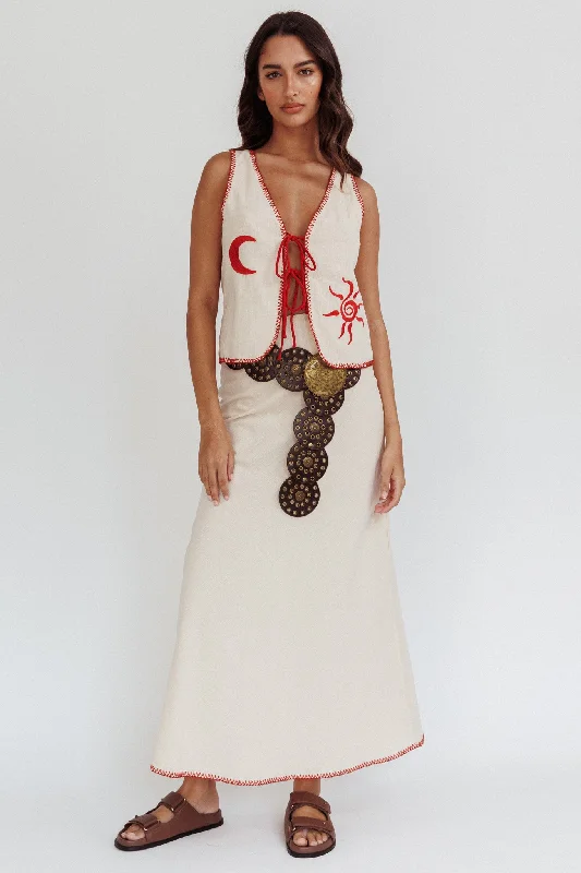 Dose Of Sunshine Blanket Stitch Skirt Beige elastic waist skirt