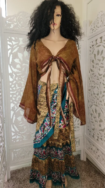 Silk Gold Print Boho Wrap Maxi Skirt wool skirt sturdy
